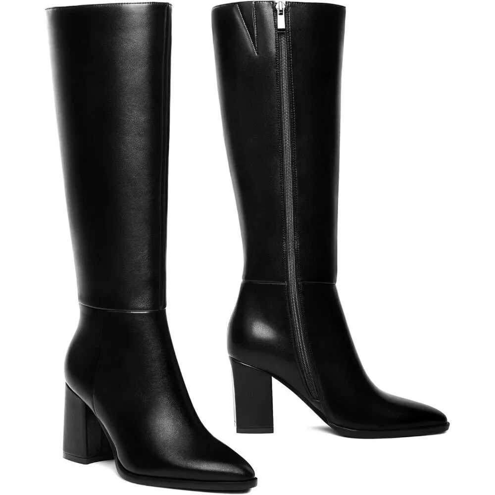 Women's Black Classic Chunky Heel Pointed Toe High Heel Side Zipper Tall Boot